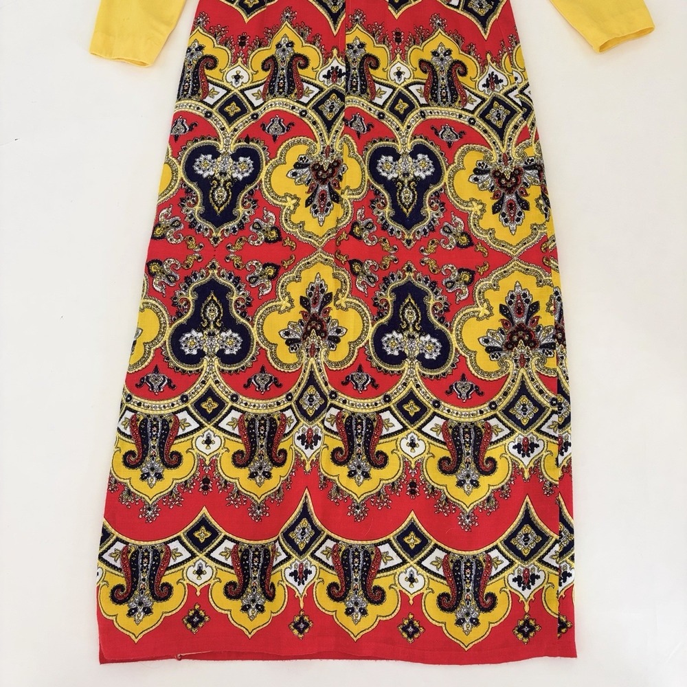 VTG 70s Yellow Womens Dress M Groovy Psychedelic Paisley Red Navy Heritage 60s - Picture 11 of 14